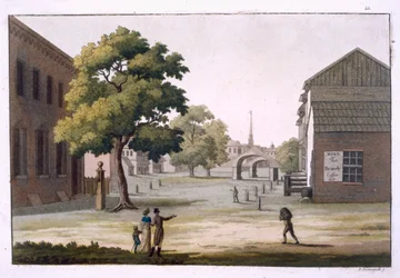 Ett marknadstorg i Philadelphia, Pennsylvania, från "Le Costume Ancien et Moderne", volym I, tavla 43, av Jules Ferrario, publicerad på 1820-30-talen.